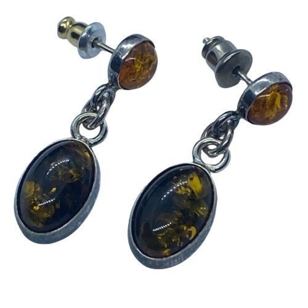 Stunning Vintage ATI Signed 925 Sterling Silver & Amber Gemstone Dangly Earrings